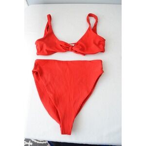 Mara Hoffman Large Ribbed Knot Front High Waisted Bikini Set Red High Waist